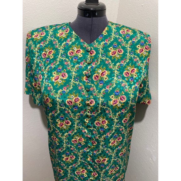 Leslie Fay Dresses & Skirts - Vintage Leslie Fay Petites Green Floral Mini Dress size 10p Damask Boho 90s